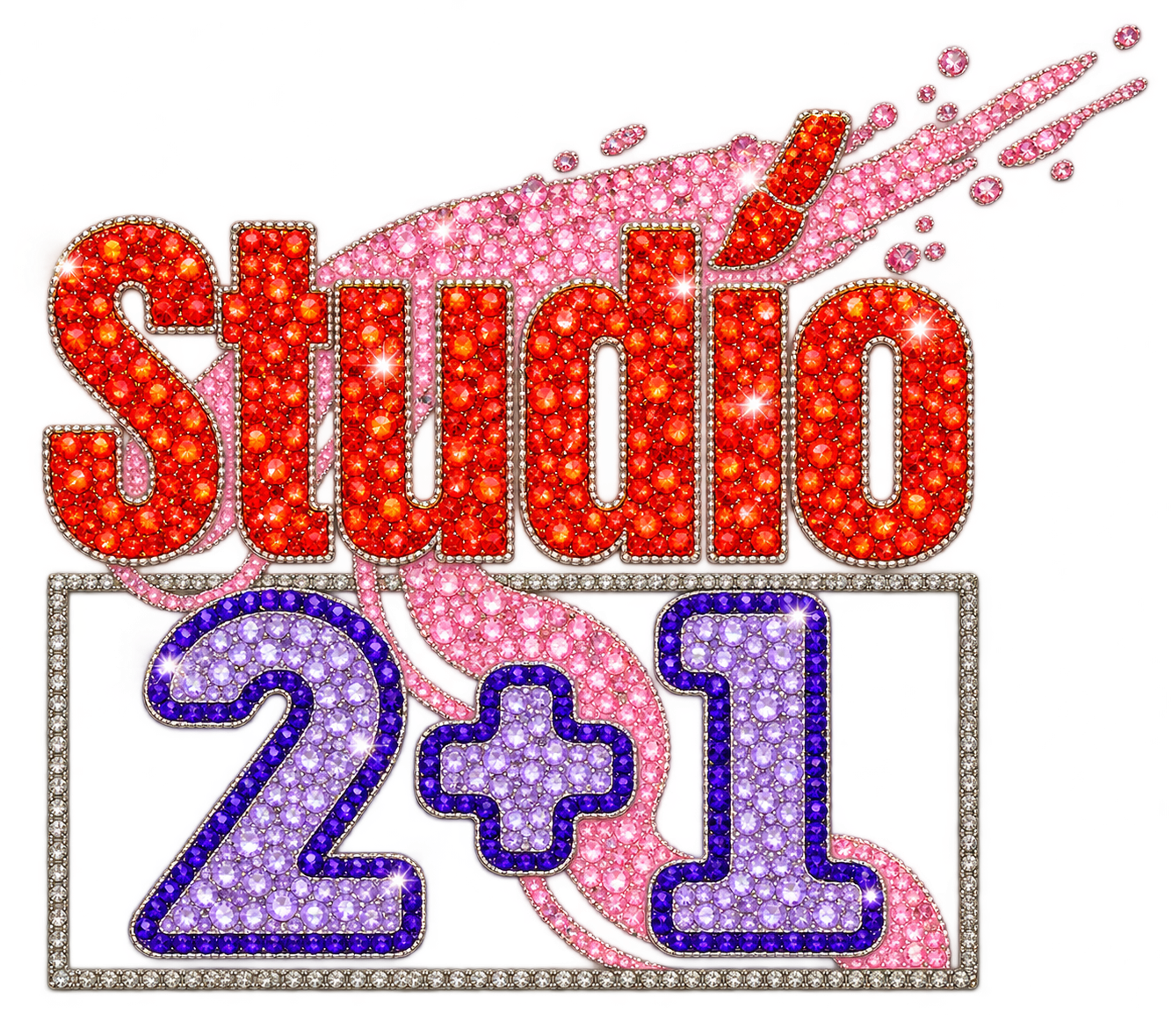 Kırmızı, pembe ve lila kristal taşlarla süslenmiş Studio 2+1 logosu